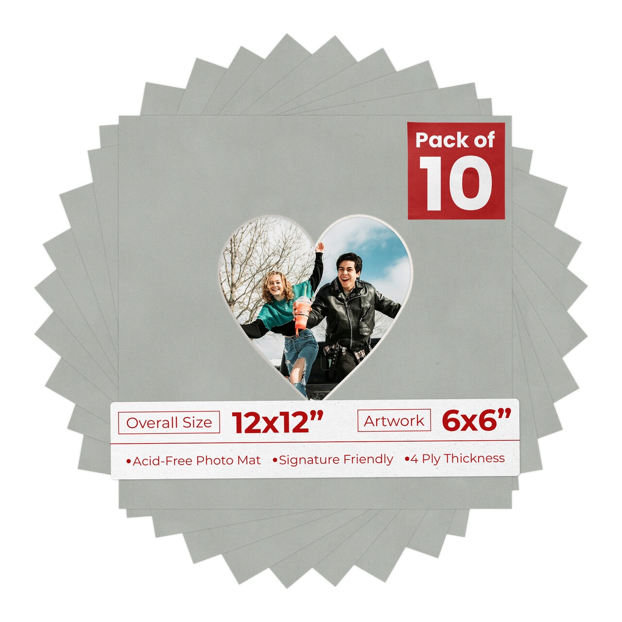 Light Grey Suede Mat Board for 12x12 Frames - Heart Opening for 6x6 Photos